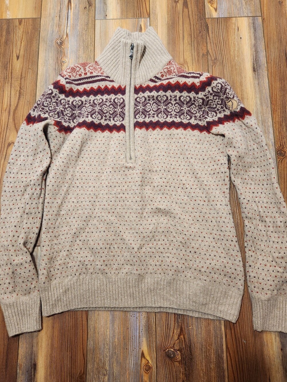 Fjallraven Vika Sweater Womens L 100% Wool Nordic Fair Isle 1/4 Zip Pullover